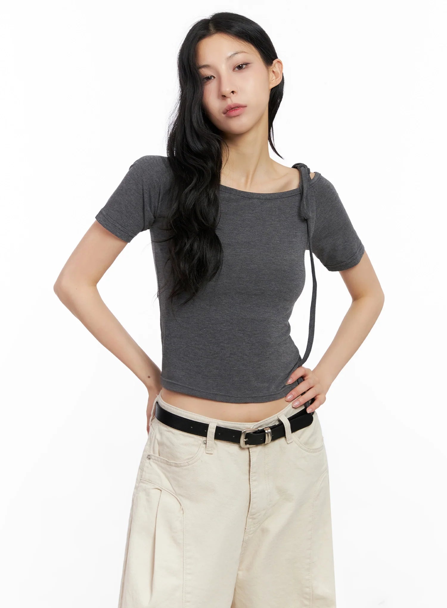 Asymmetric Shoulder-Tie T-Shirt IG508