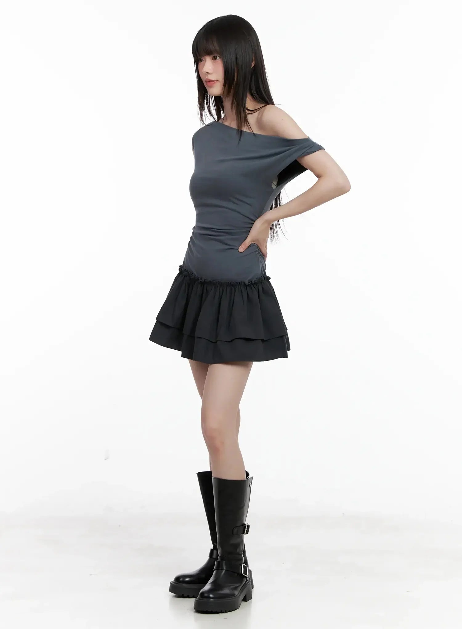 Asymmetrical Ruffle Off-Shoulder Dress IL531