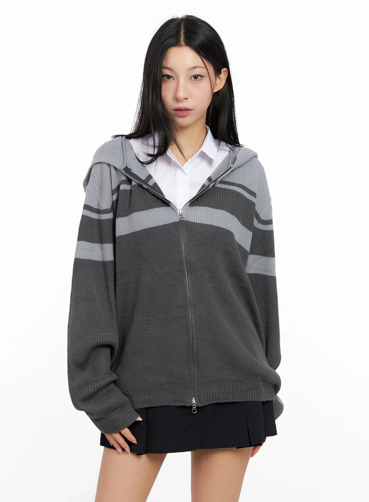 Striped Oversized Zip-Up Knit Hoodie IG508