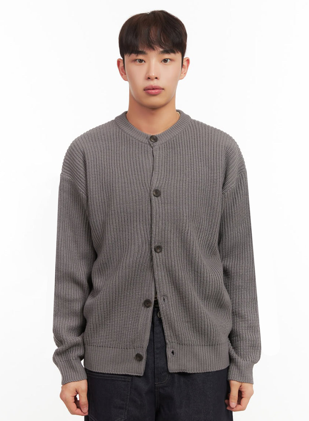 Men's Ribbed Buttoned Round-Neck Cardigan IF517