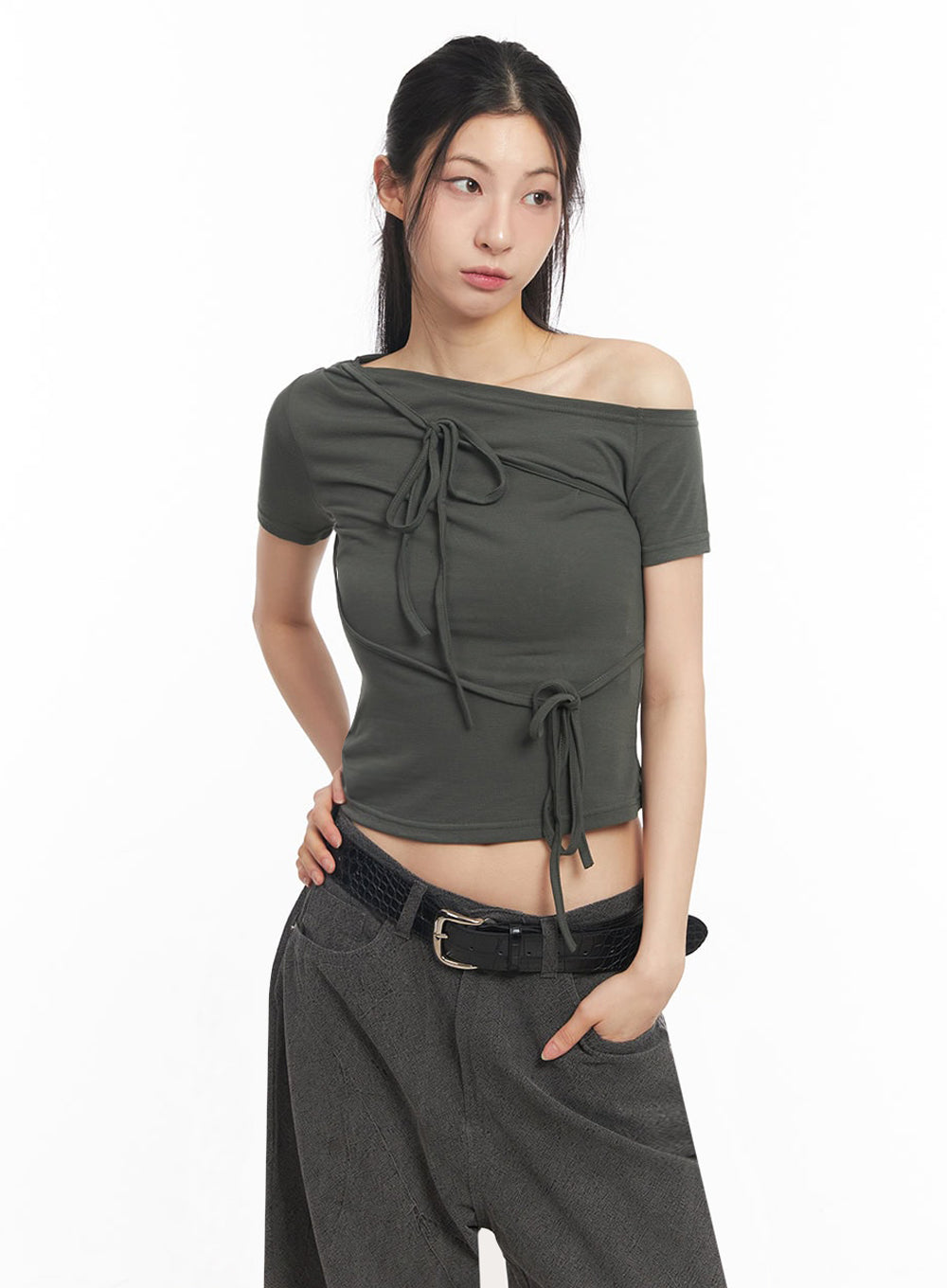 Ribbon Tie One-Shoulder Crop Top IY529
