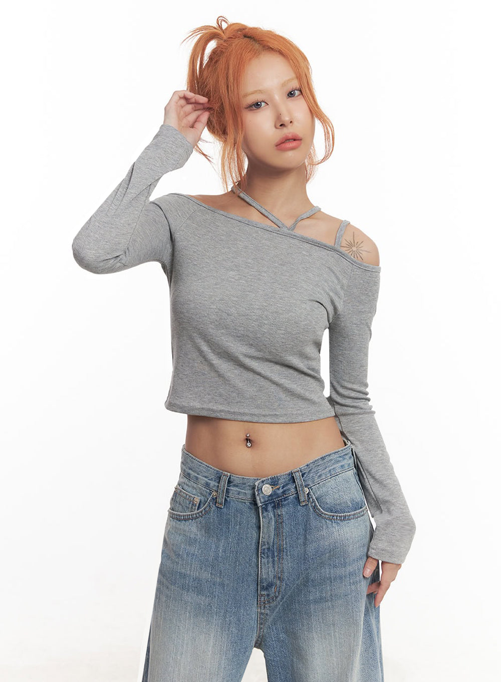 Strap Off-Shoulder Long-Sleeve Crop Top IA517
