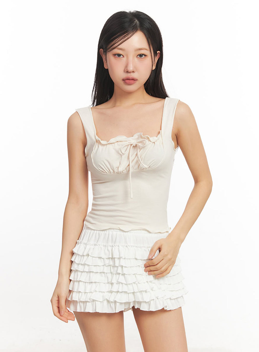 Ribbon Frill Square-Neck Crop Tank Top IA524