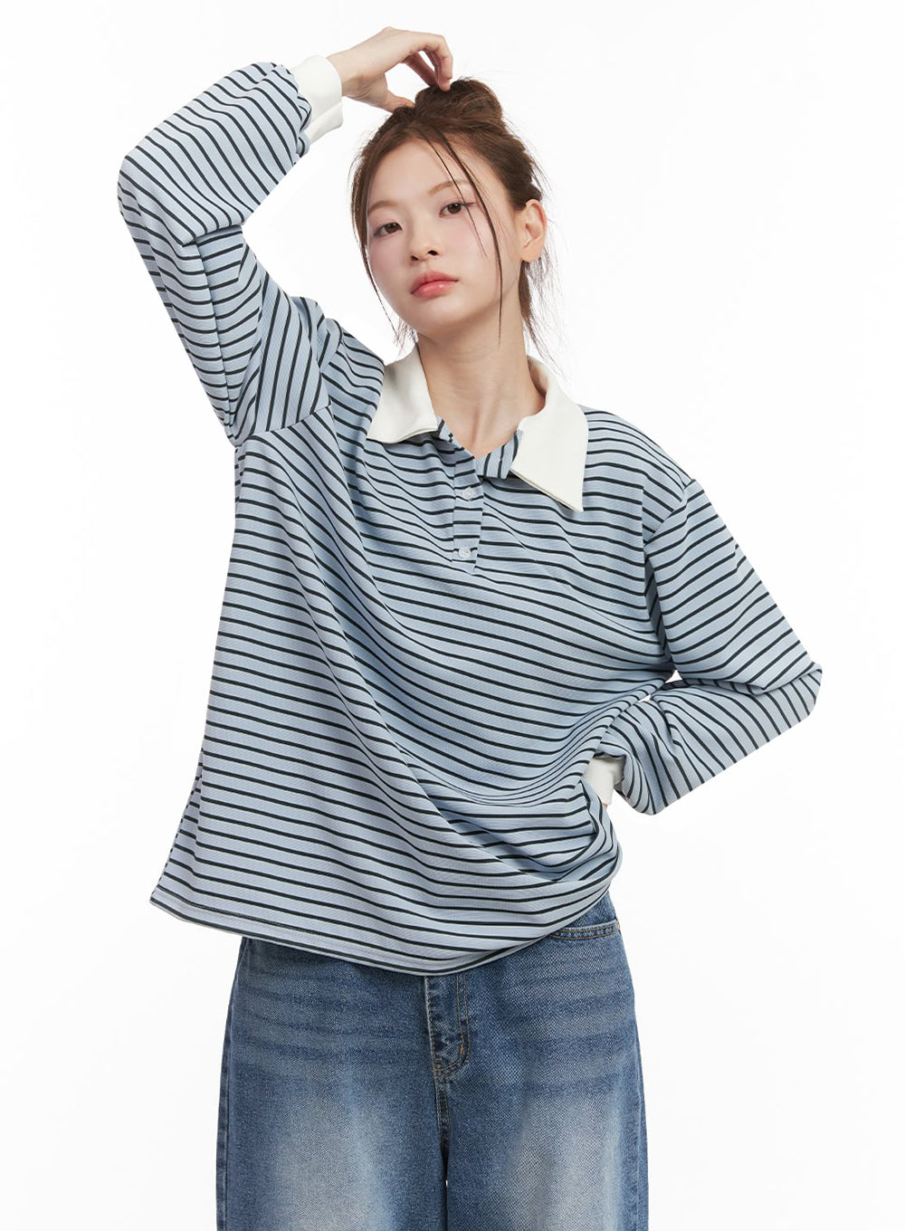 Oversized Stripe Collared Long Sleeve Top IJ527