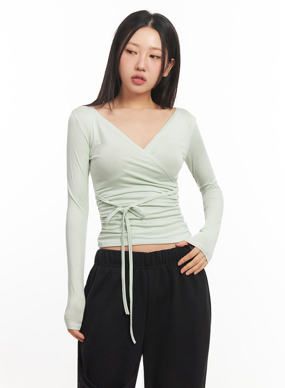 Wrap Shirred Long-Sleeve Crop Top IA524