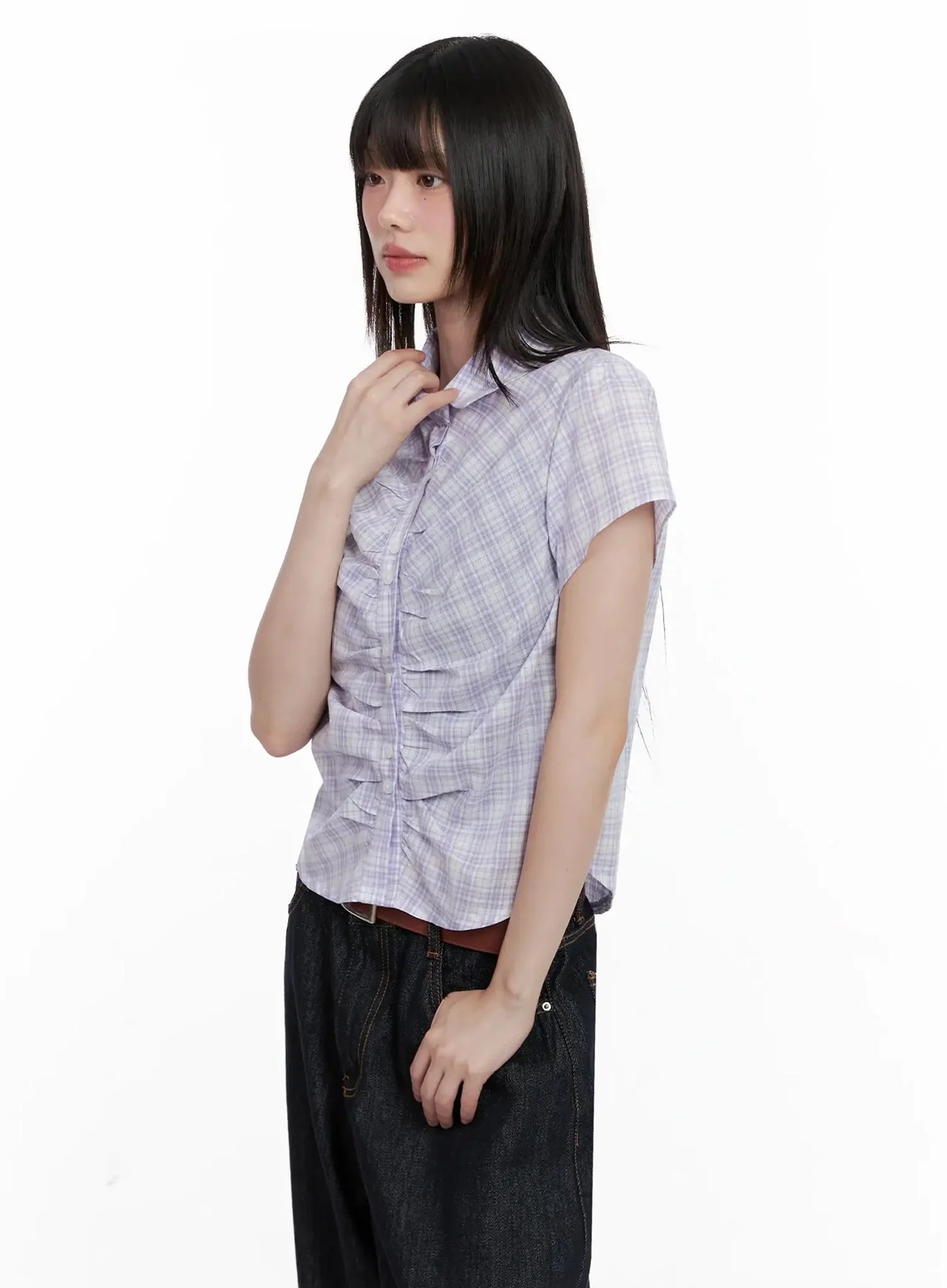 Shirred Plaid Button-up Blouse IL531
