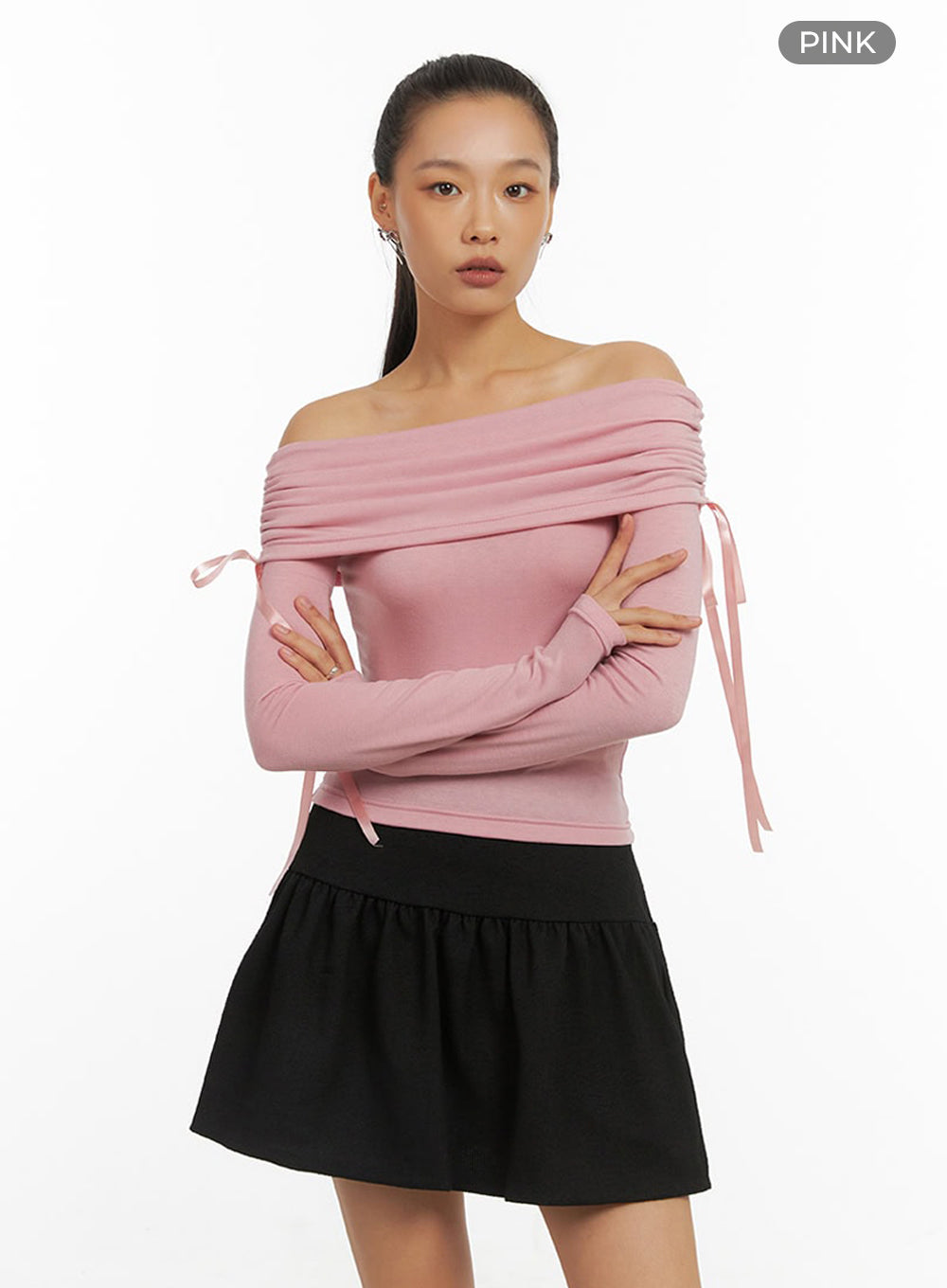 Shirred Solid Off Shoulder Crop Top IO409