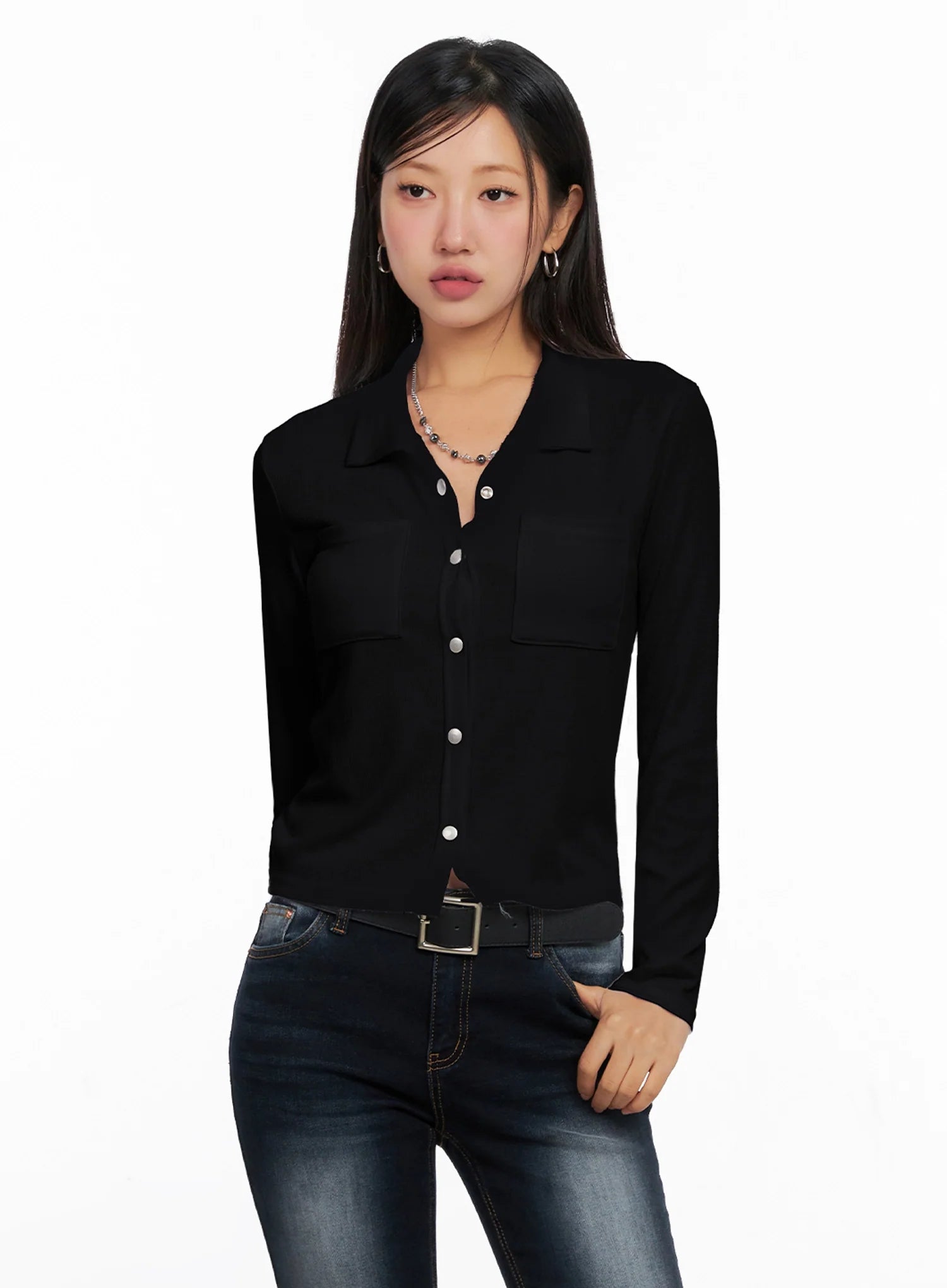 Snap Front Collared Long Sleeve IG528