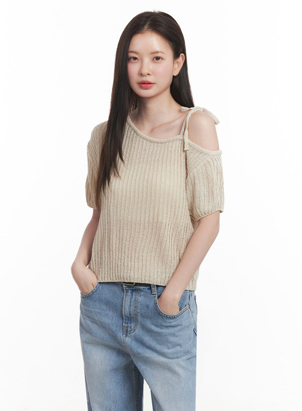 Ribbon One-Shoulder Knit Crop Top IY509