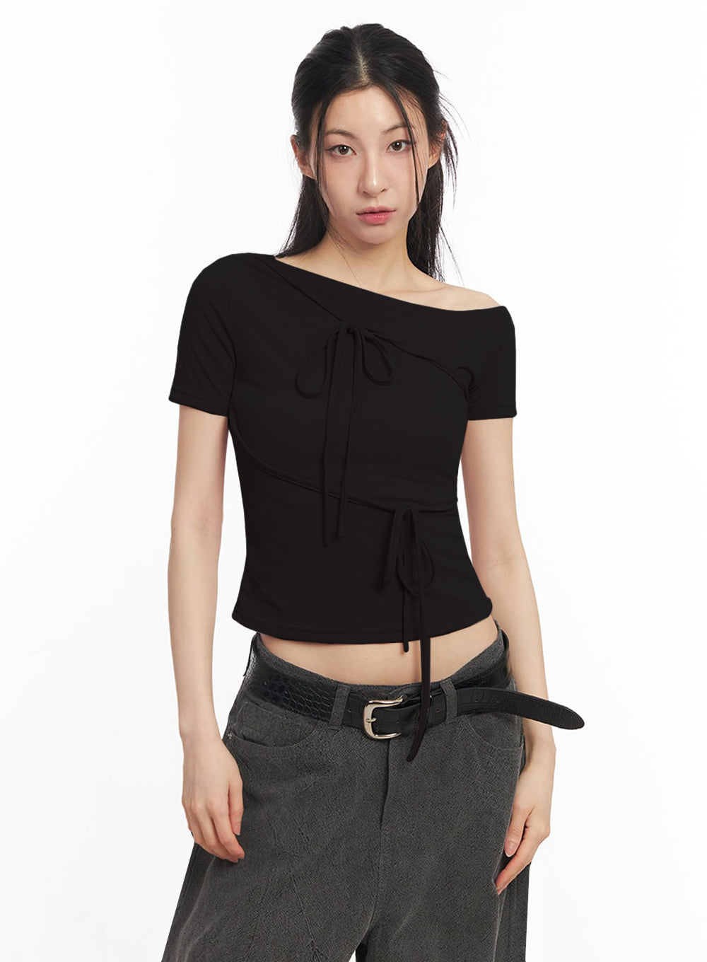 Ribbon Tie One-Shoulder Crop Top IY529
