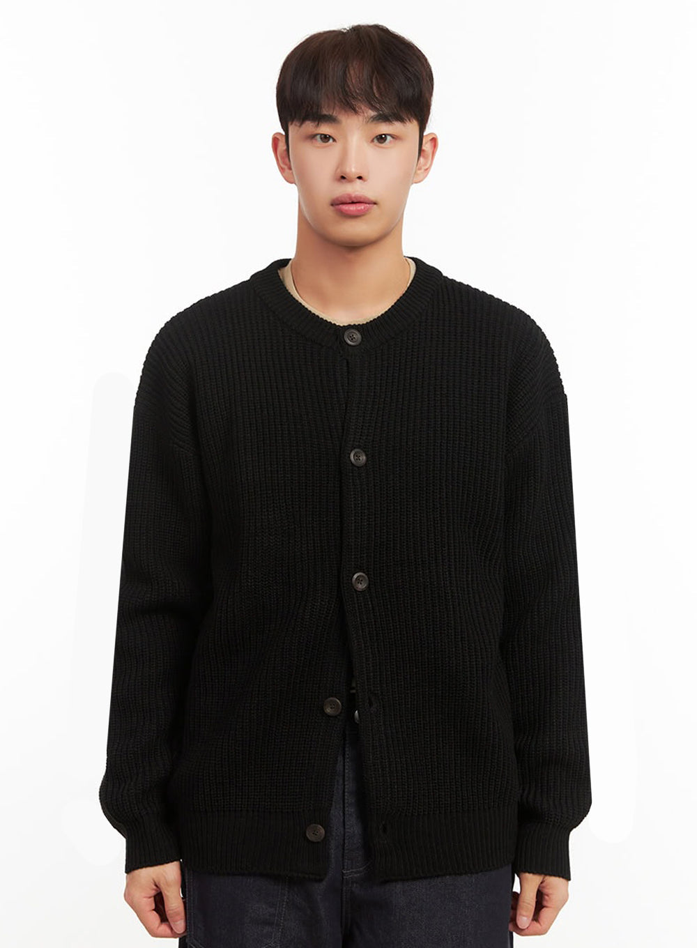 Men's Ribbed Buttoned Round-Neck Cardigan IF517