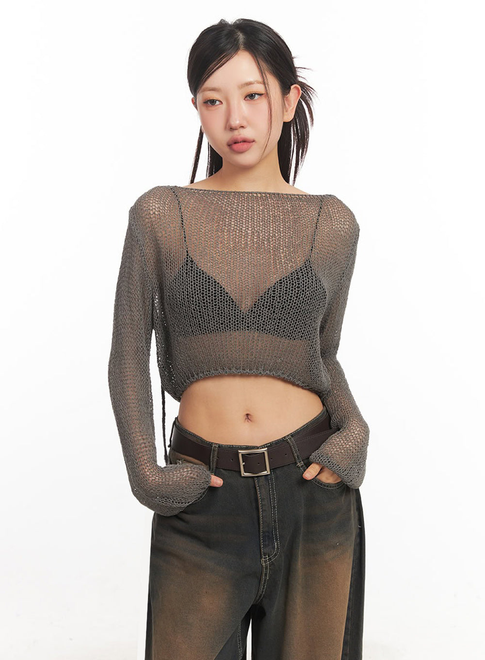 Mesh Back-Strap Knit Crop Top IA521