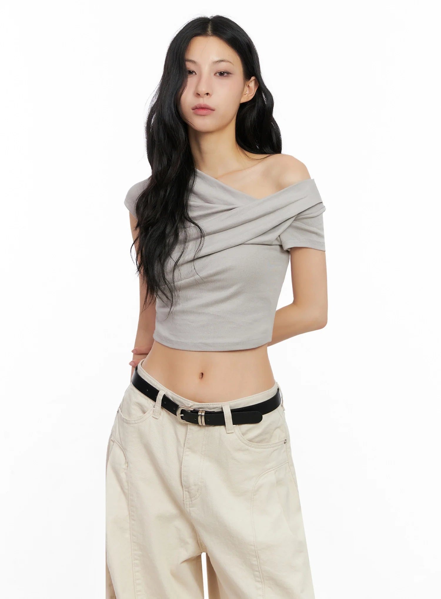 Asymmetric Shirred Off-Shoulder Crop Tee IG508