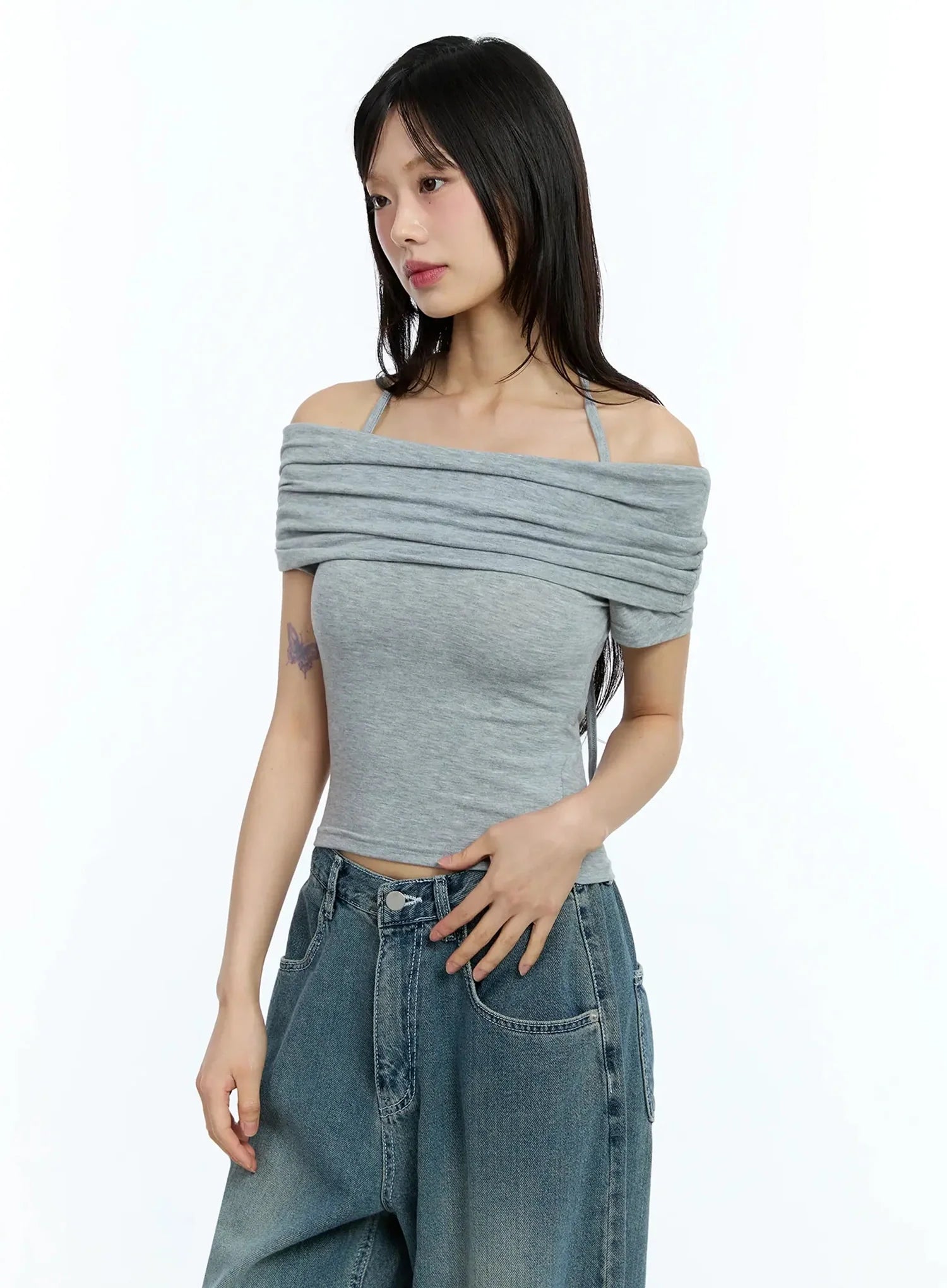 Shirred Off-Shoulder Short-Sleeve Tee IU525