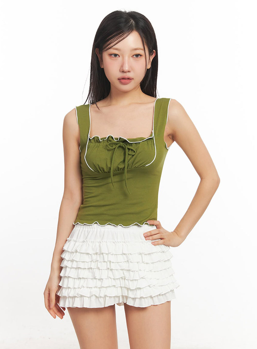 Ribbon Frill Square-Neck Crop Tank Top IA524