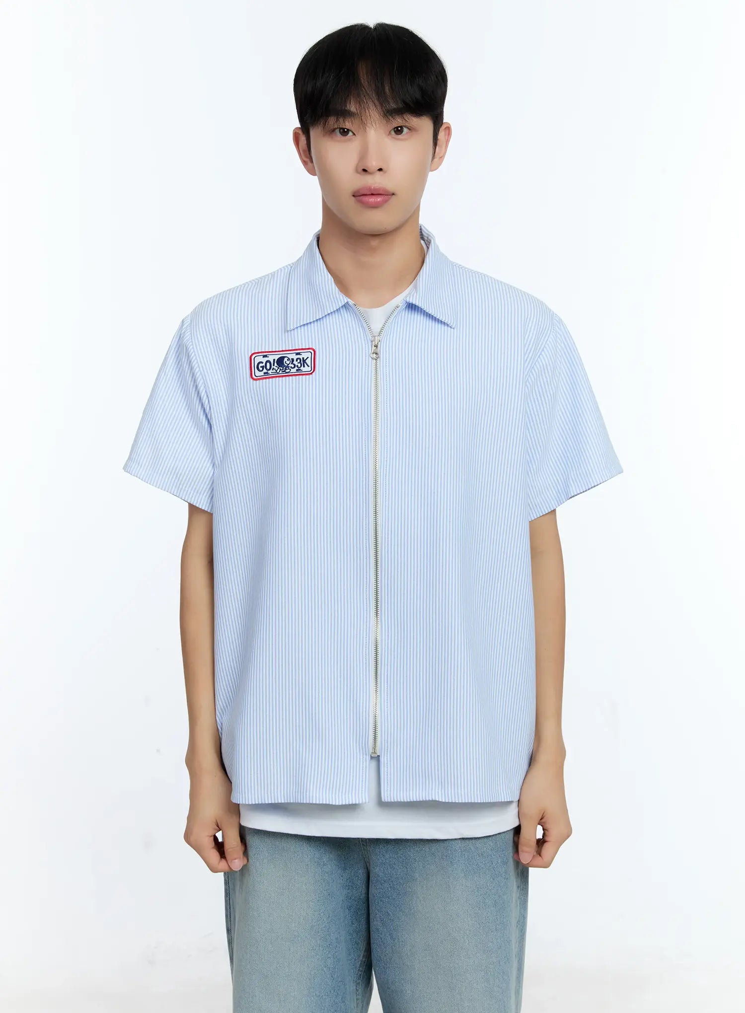 Men's Pinstripe Short Sleeve Zip Shirt IG519