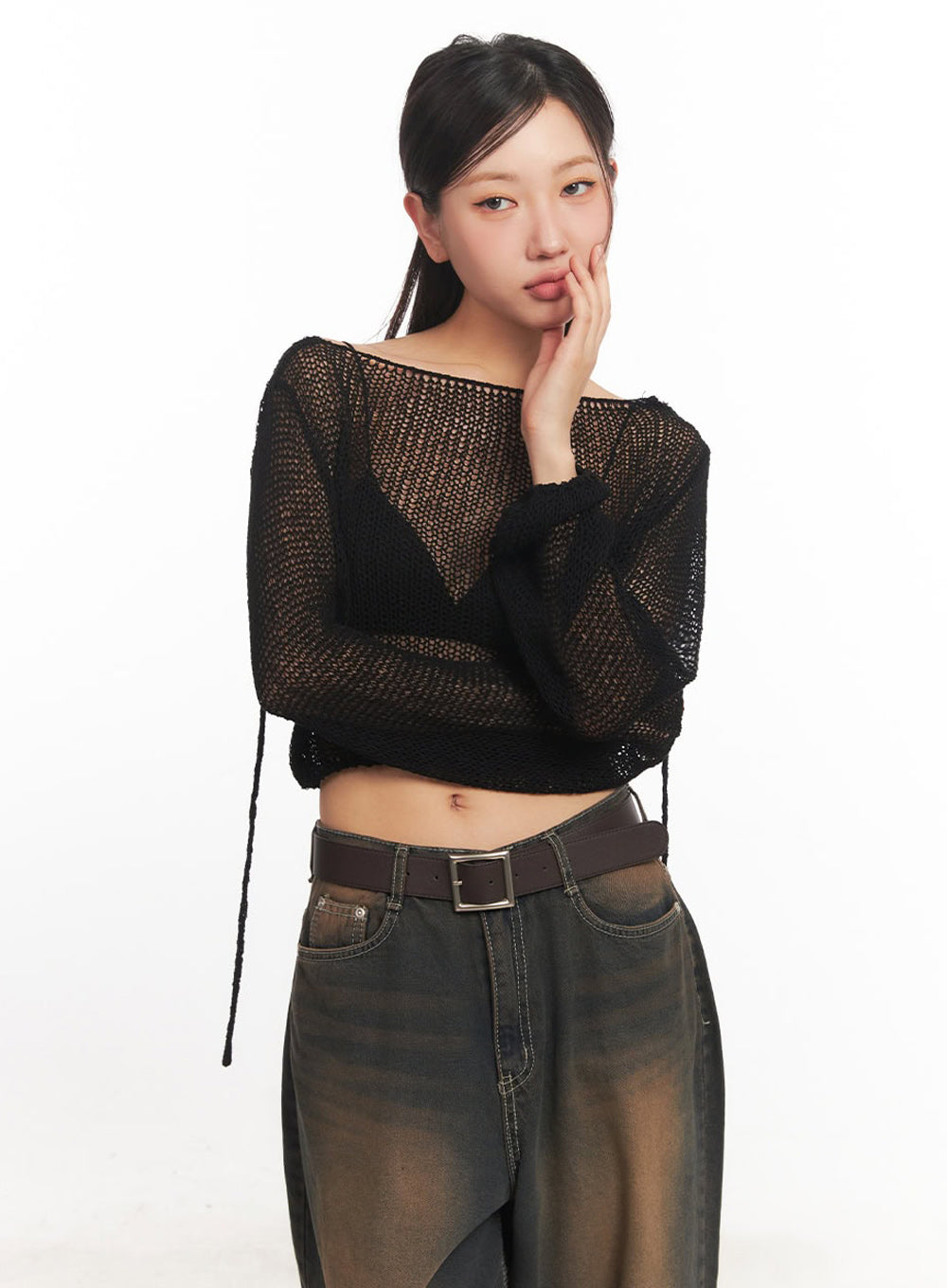 Mesh Back-Strap Knit Crop Top IA521