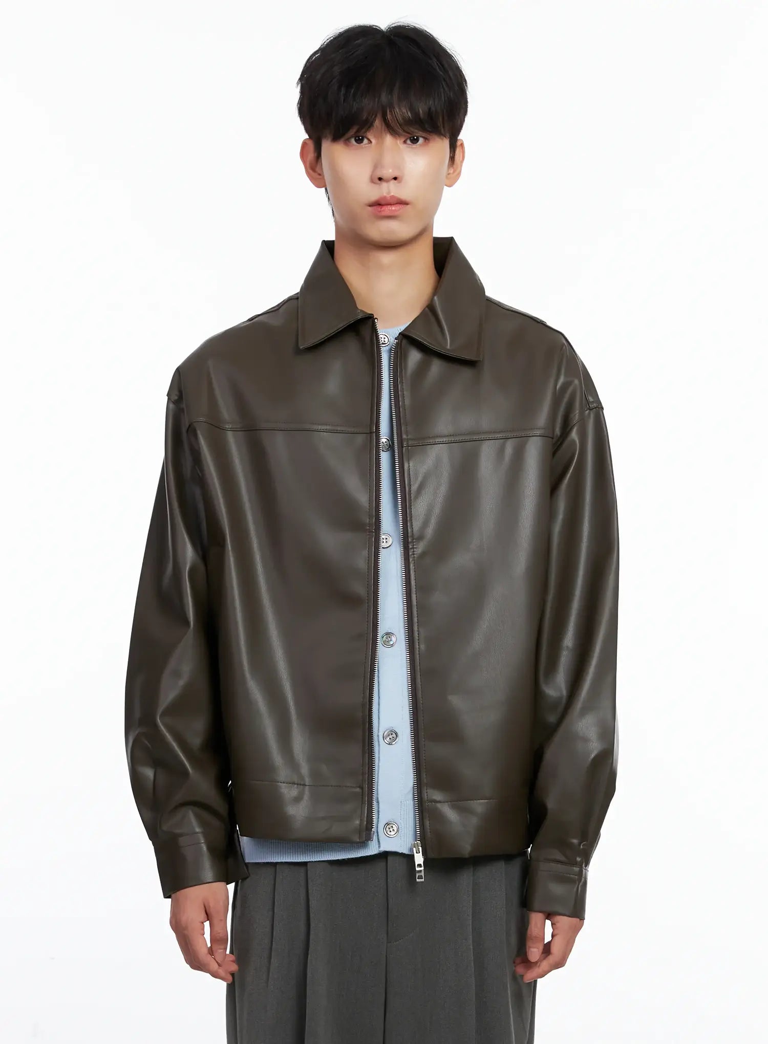 Men's Classis Faux Leather Zip-Up Jacket Is519