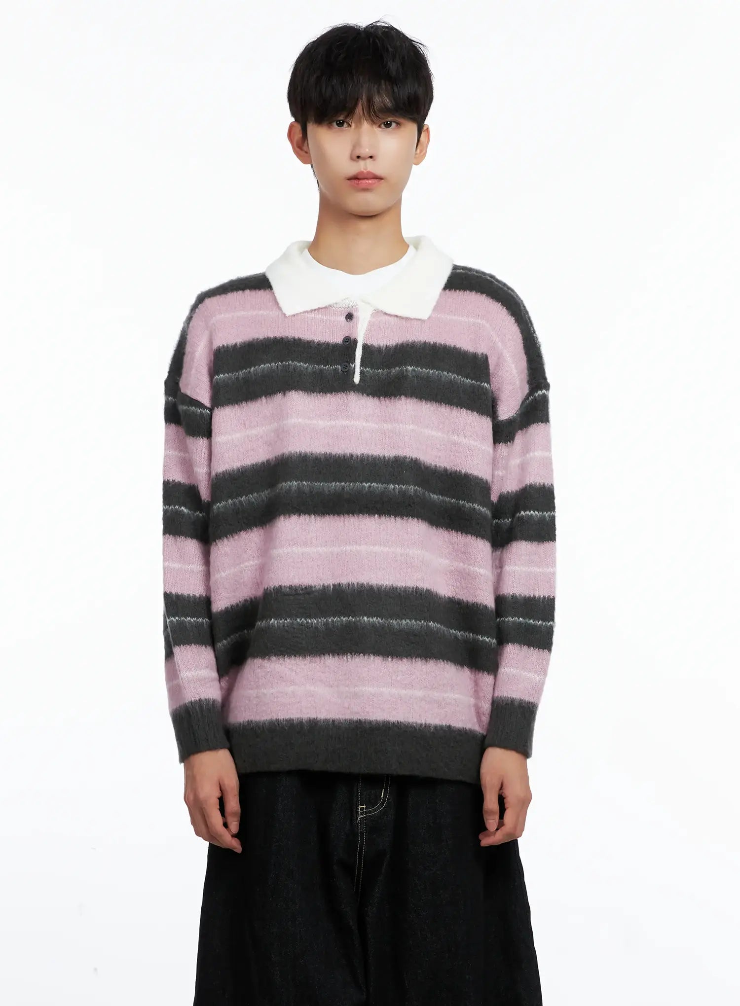 Men's Striped Knit Sweater (Light Pink) IS519
