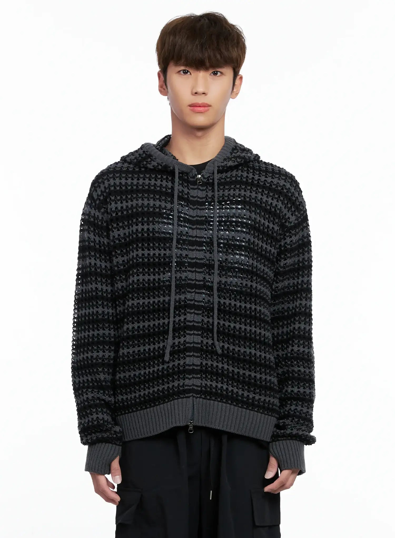 Men's Striped Textured Double Zip-Up Hoodie IO506