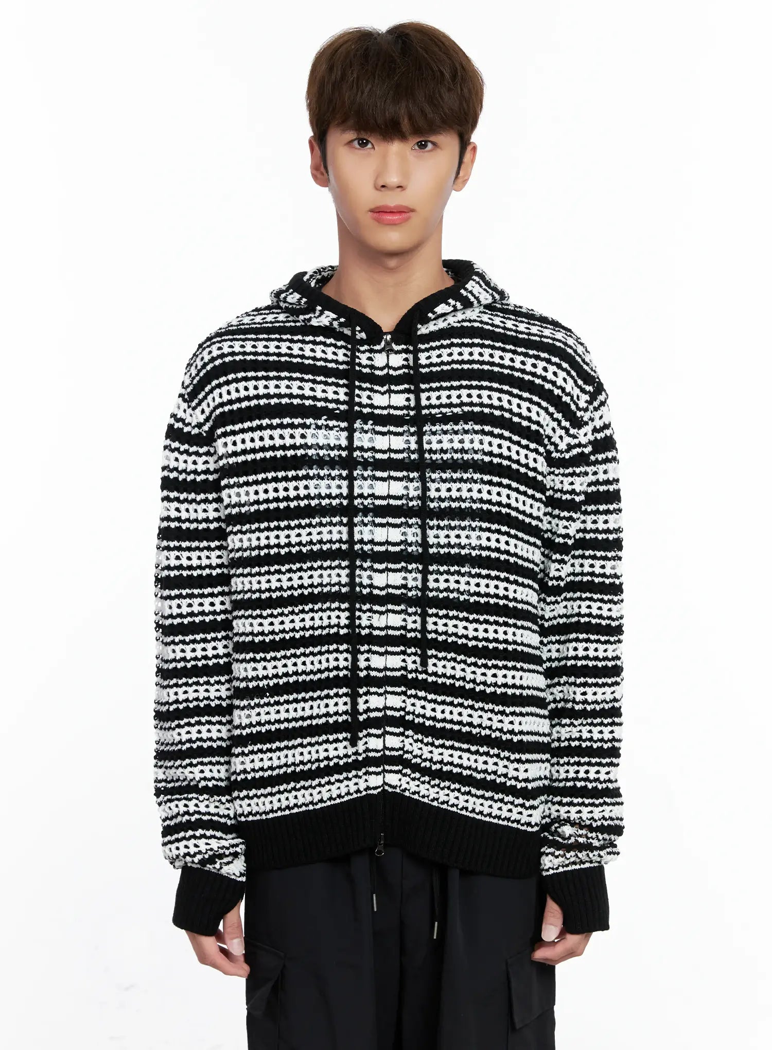 Men's Striped Textured Double Zip-Up Hoodie IO506