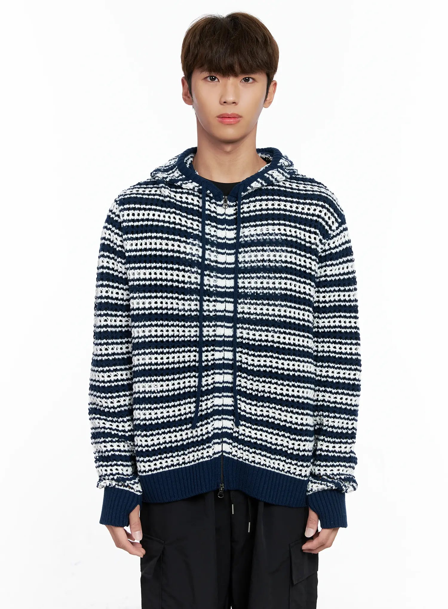 Men's Striped Textured Double Zip-Up Hoodie IO506