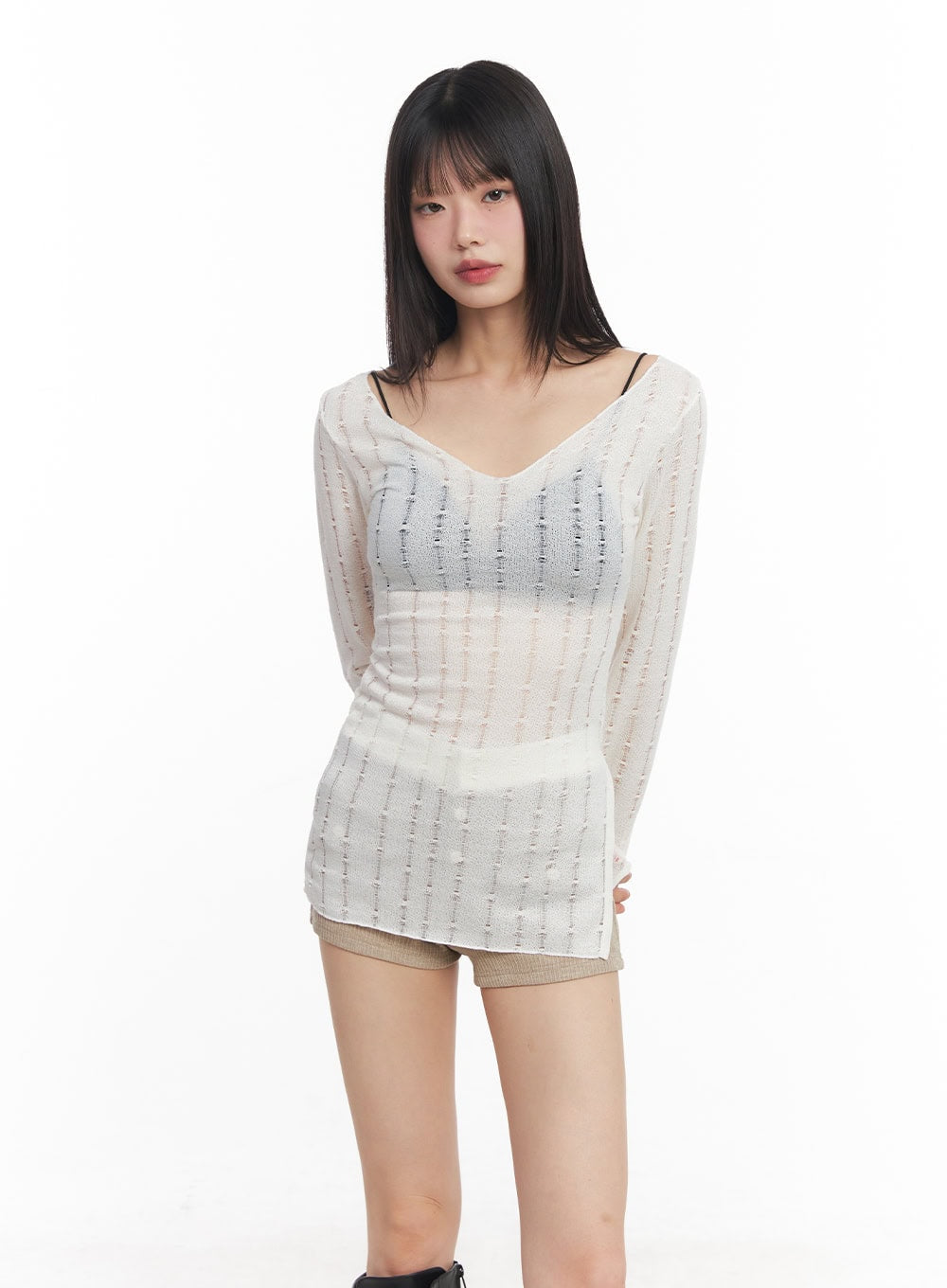 V-Neck Slit Sheer Top CY514