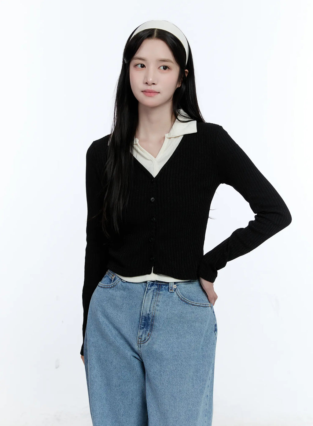 Two-Tone Collared Knit Cardigan CG514