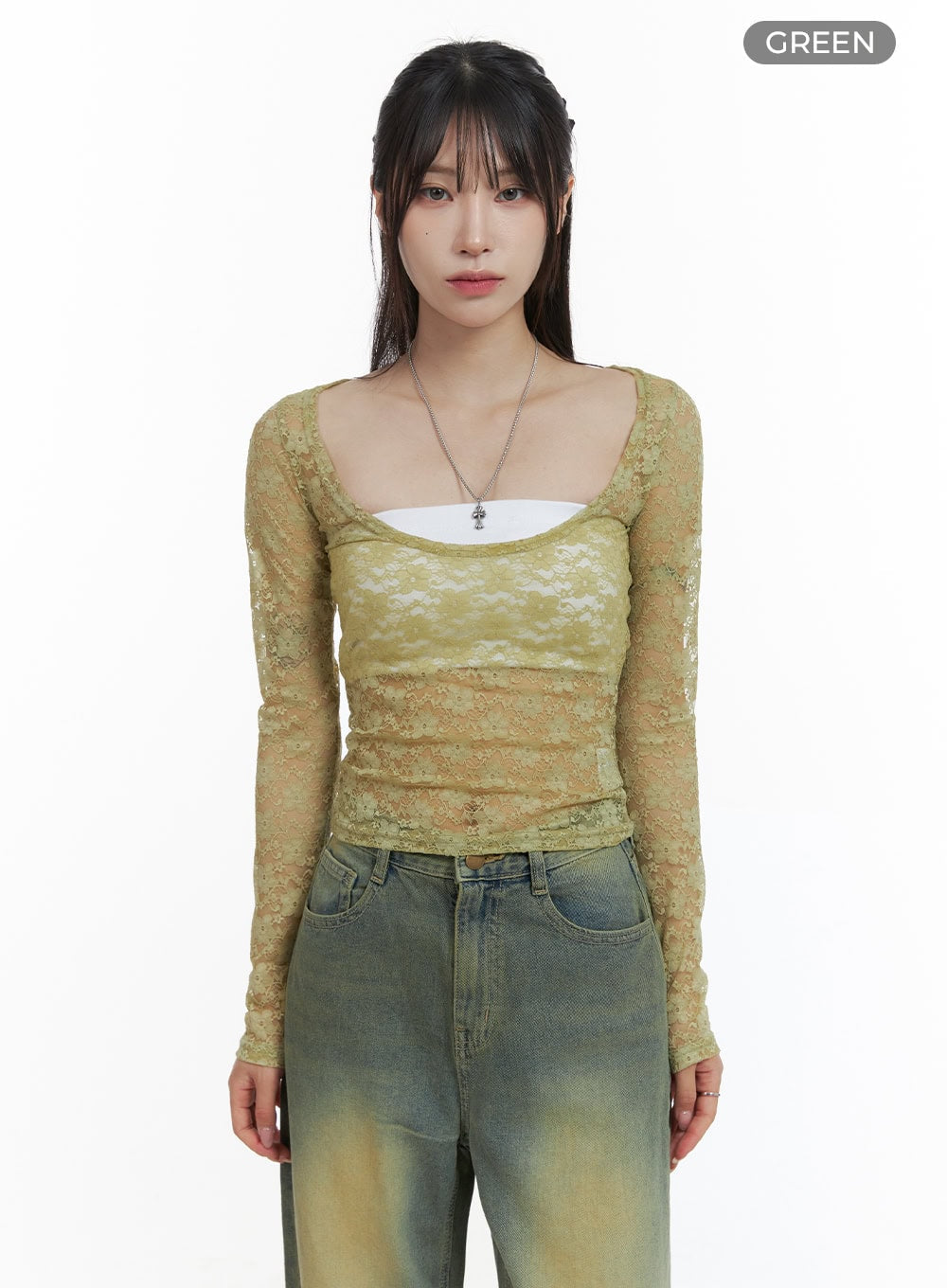 Lace Sheer U-Neck Long Sleeve Top OA425