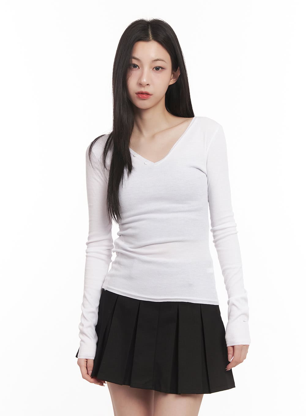 Buttoned V-Neck Long-Sleeve Top CM518