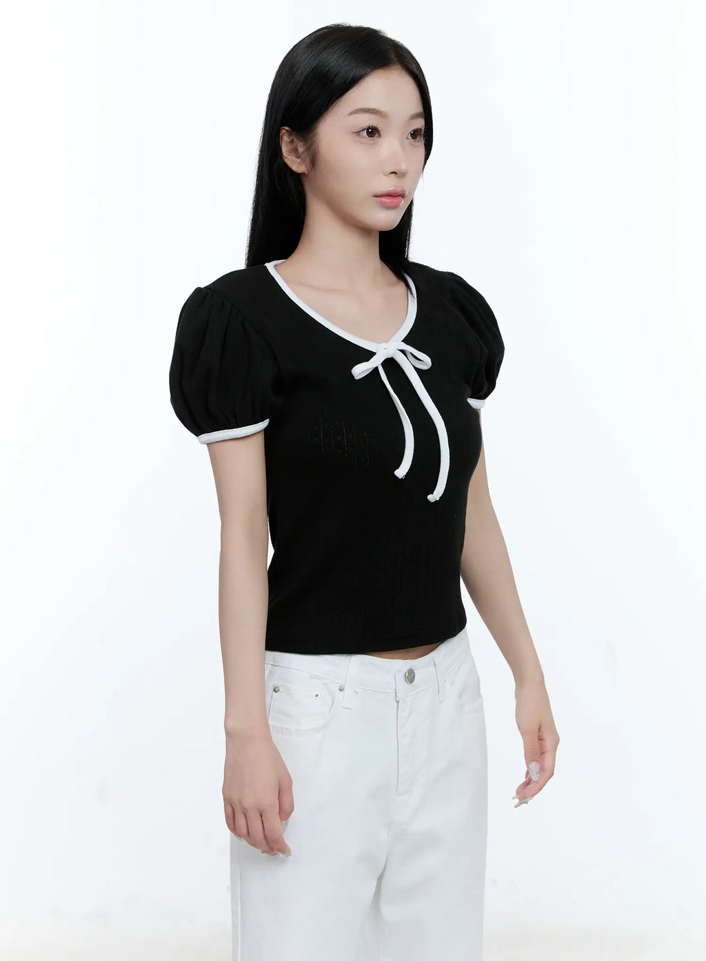 Puff-Sleeve Ribbon-Tie Top CL530