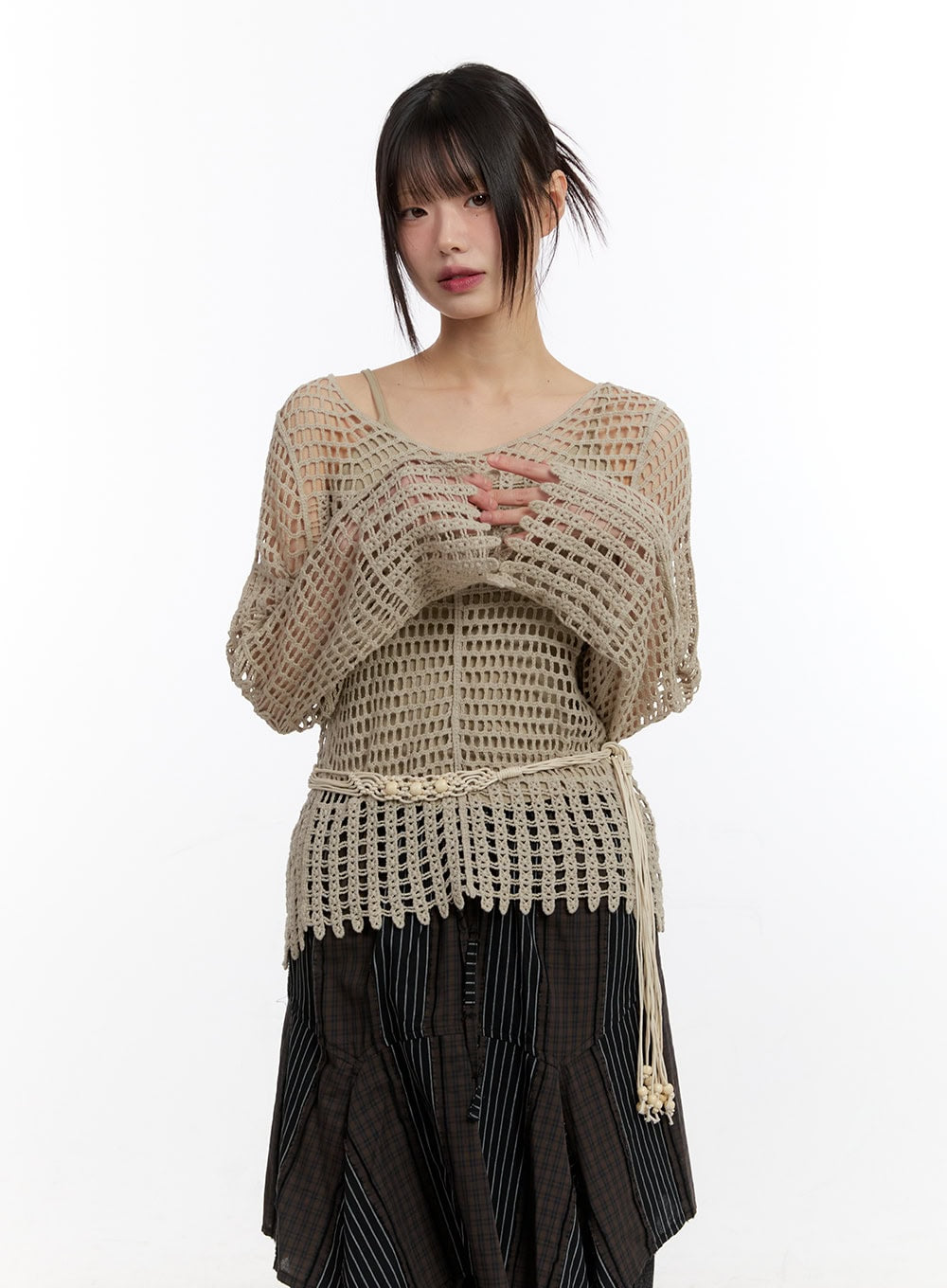 Mesh Knit Sweater with Belt and Tank Top CA508