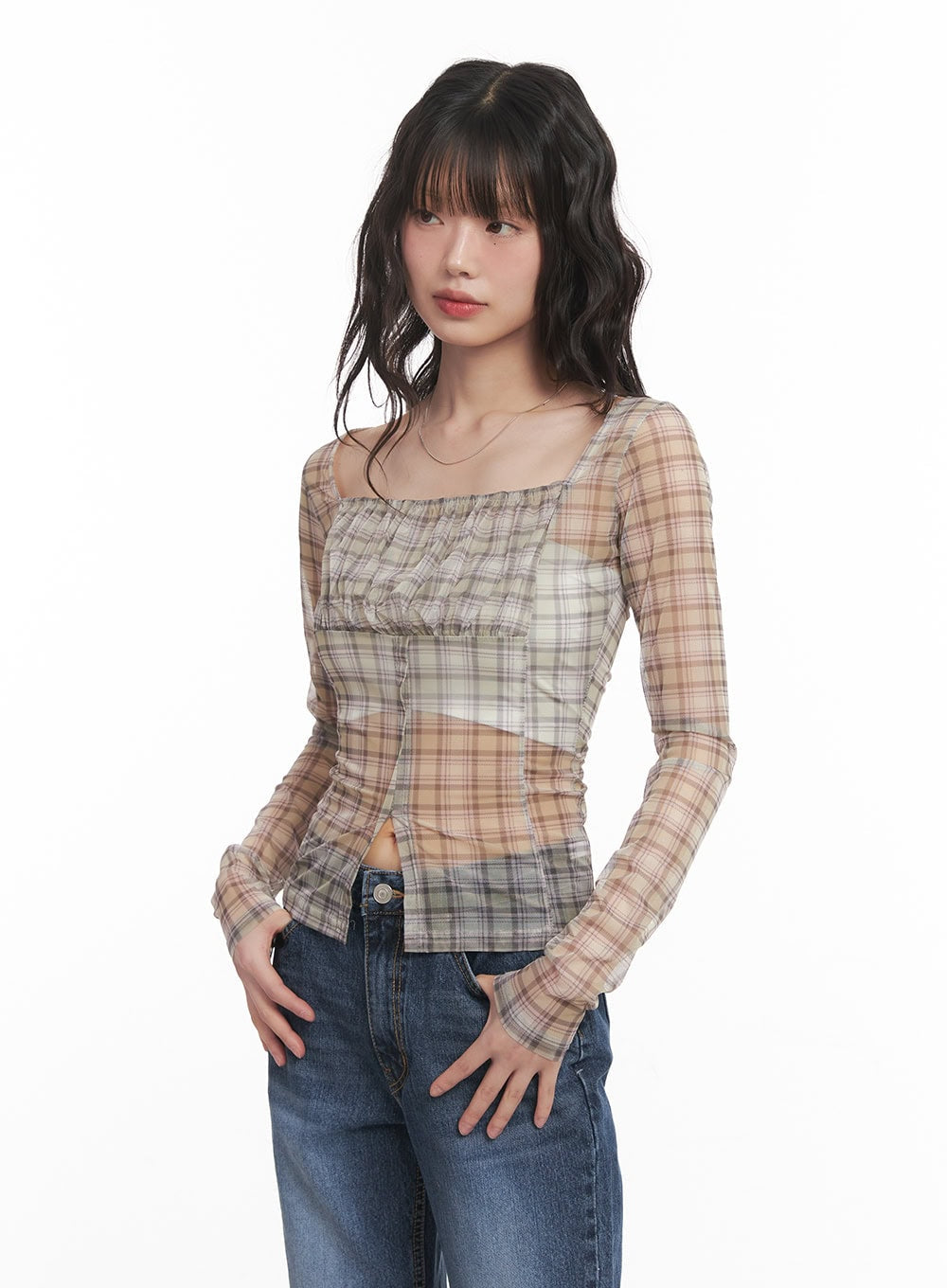 Sheer Checkered Square Neck Crop Top CM520