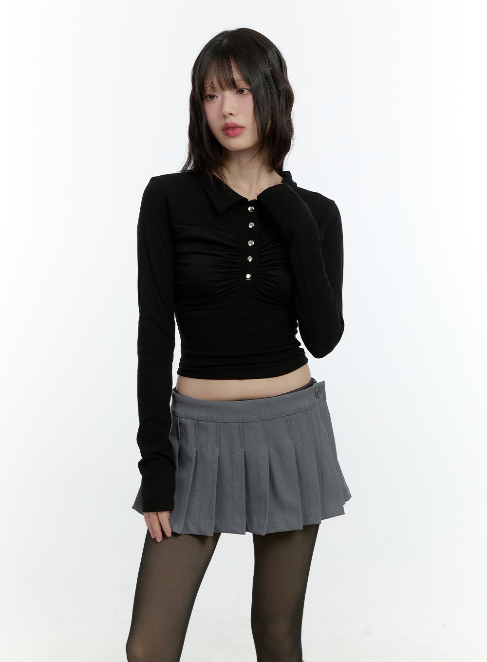 Shirring Long-Sleeve Collared Crop Top CF507