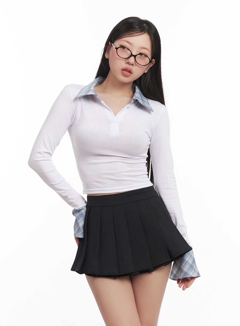 Checkered-Collar Long-Sleeve Crop Top CM531