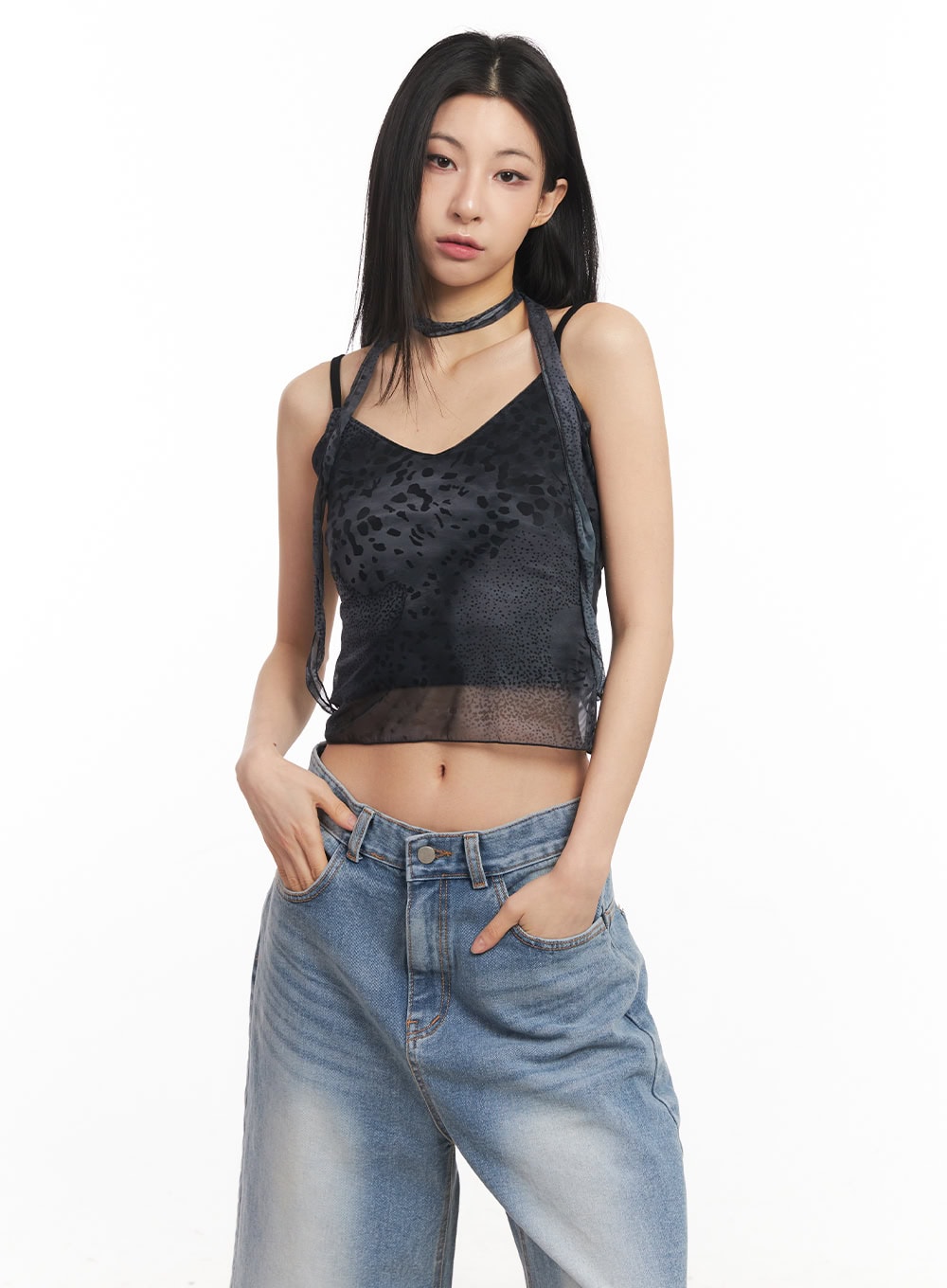 Leopard Mesh Crop Cami Top with Scarf CA516