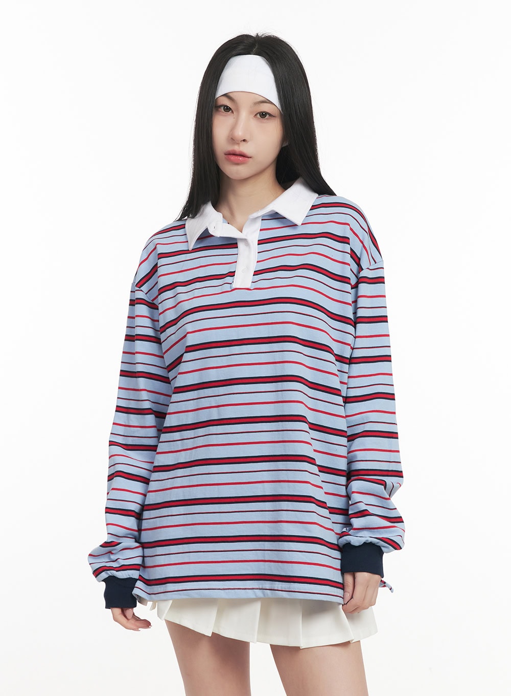 Oversized Striped Long Sleeve Polo Shirt CF514