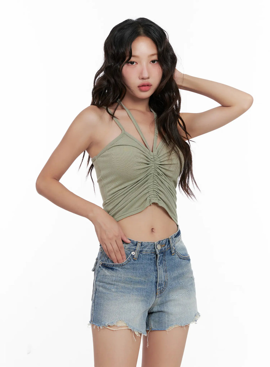 Shirred Cropped Halter Tank CL521