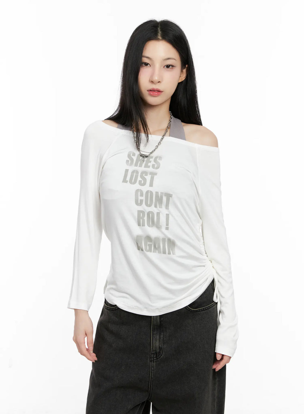 Graphic Off-Shoulder Long Sleeve Top CG522