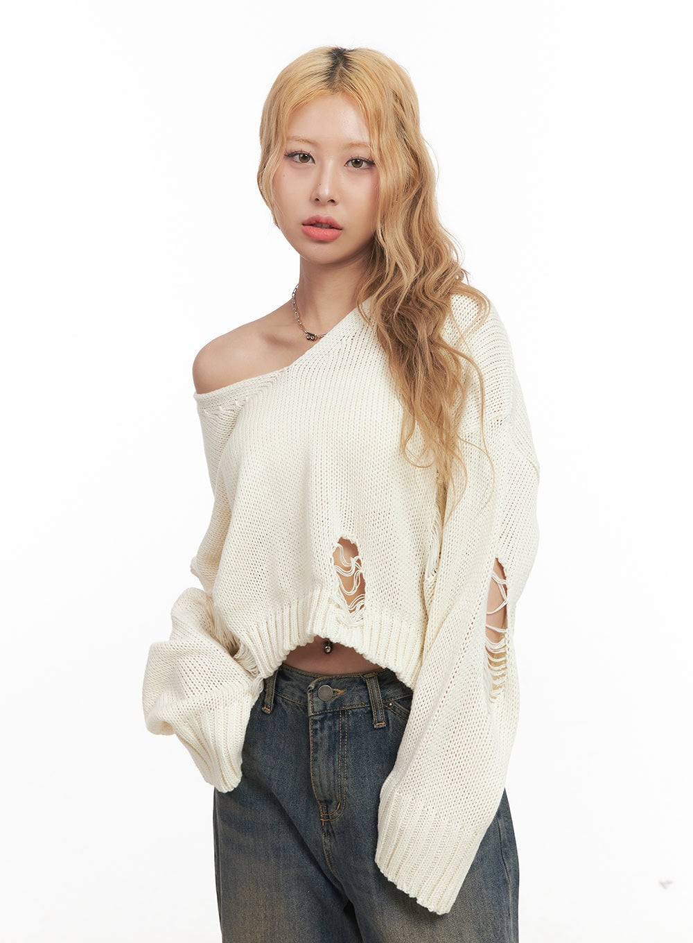 Destroyed Oversized Crop Sweater CM505