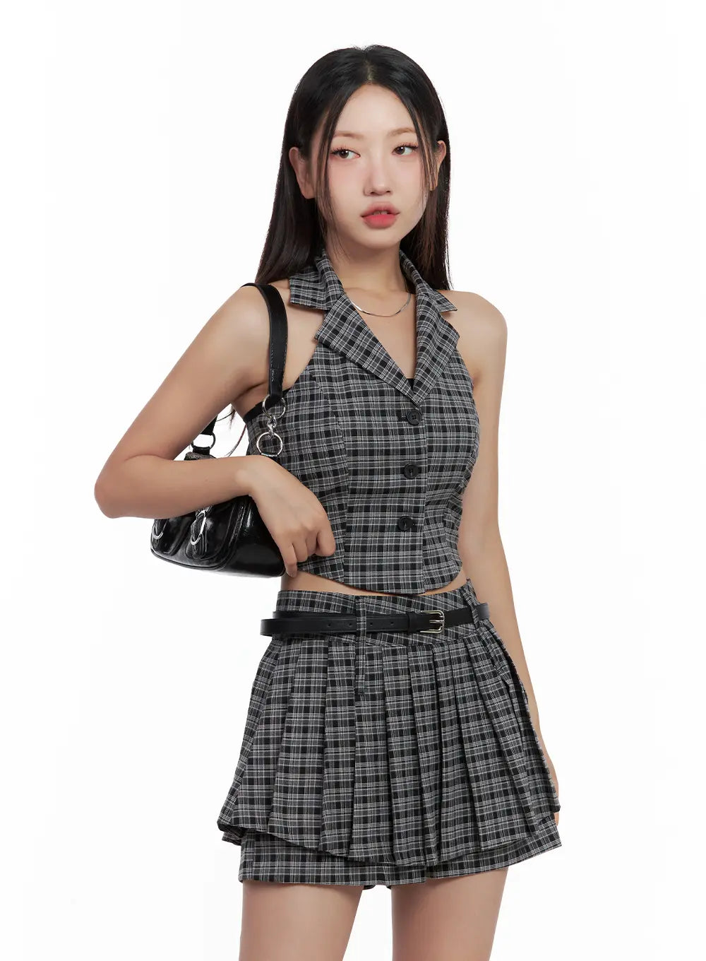 Plaid Button Halter Tank CL508