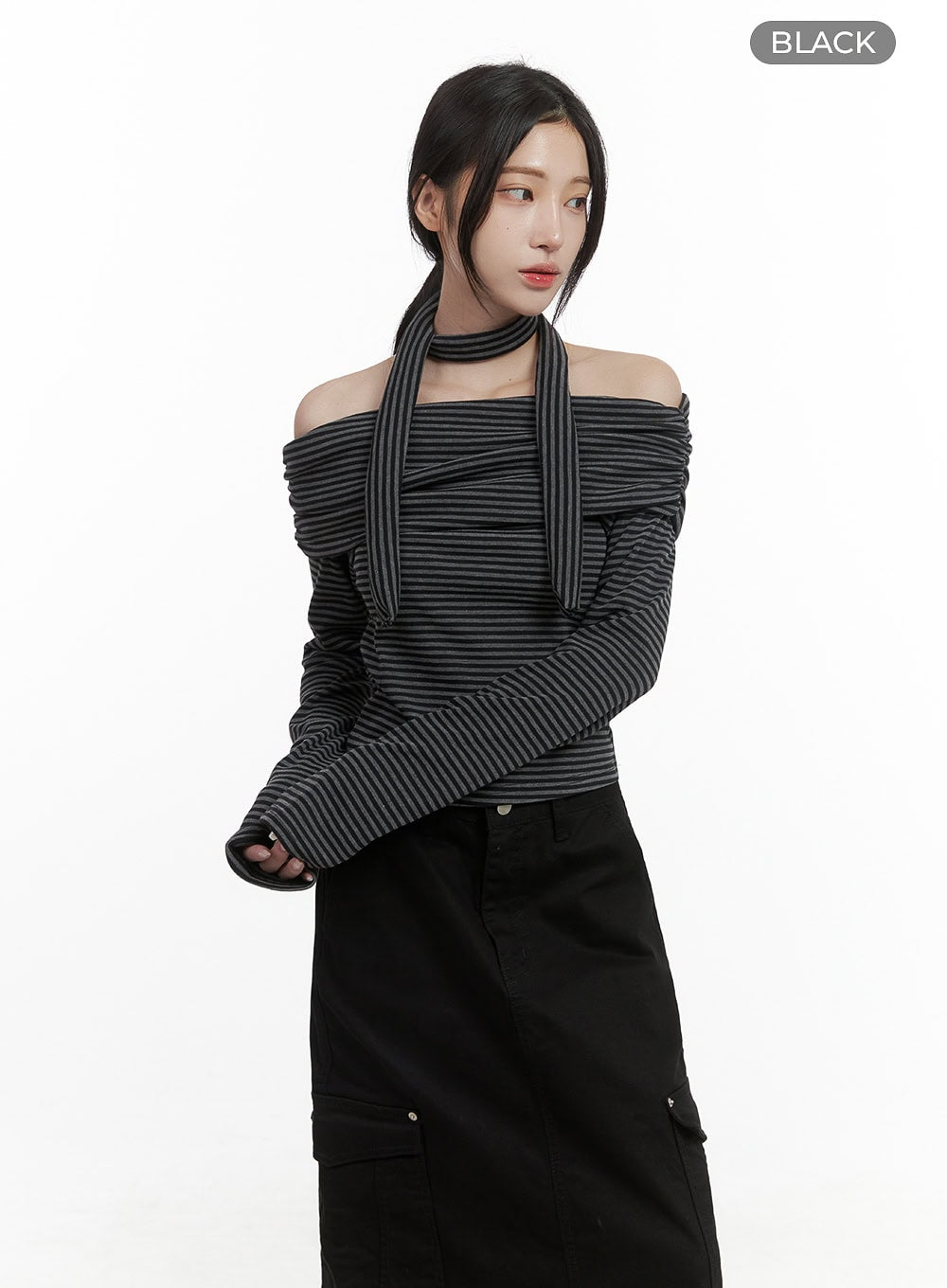 Striped Off Shoulder Crop Top Scarf Set CS430