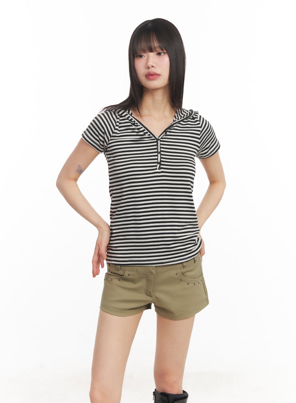 Buttoned Striped Hooded T-Shirt CA523