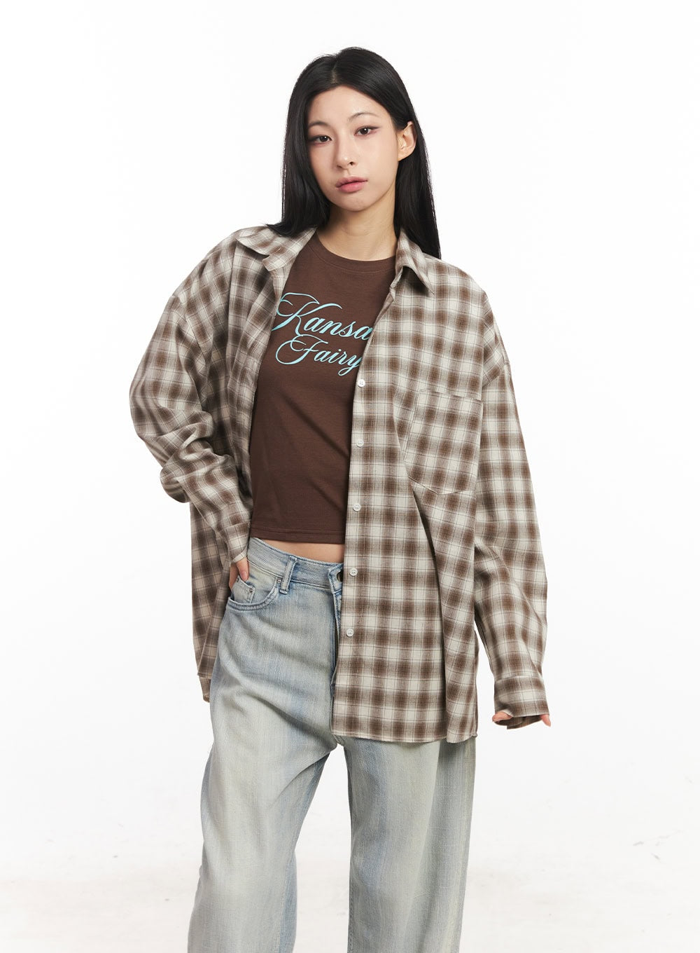 Oversized Plaid Print Button-Down Shirt CA514