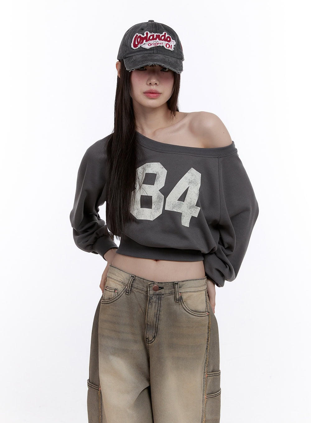 84 Graphic One-Shoulder Cropped Sweatshirt CF512