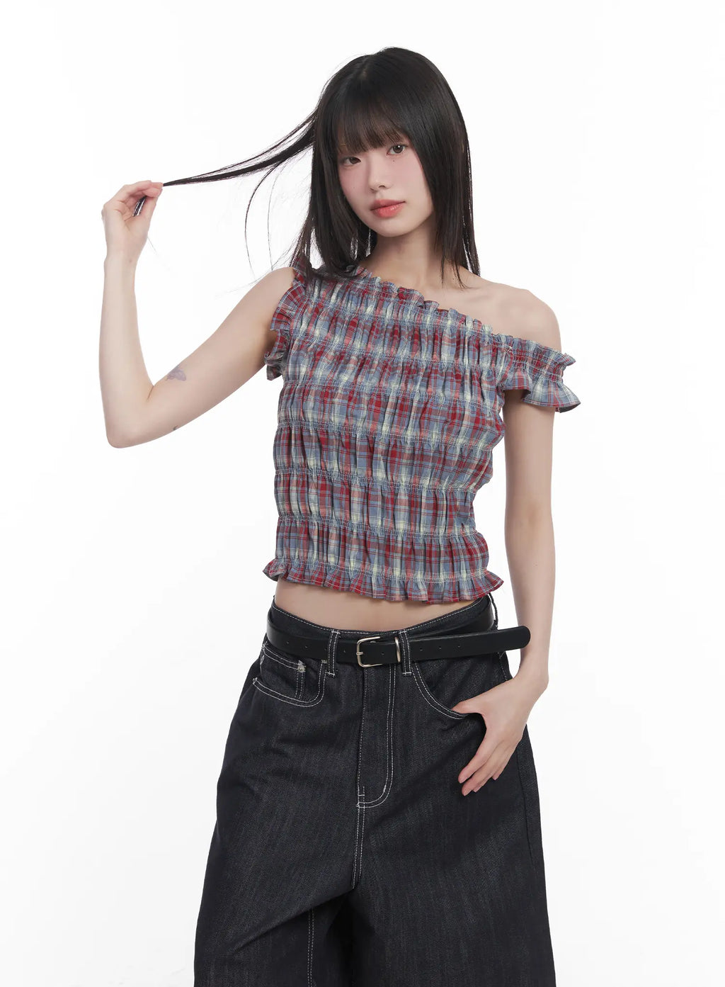 Plaid Frill One-Shoulder Crop Top CU519