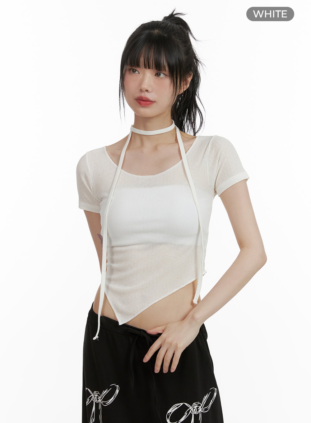 Sheer Chic Crop Top with Thin Scarf CU410