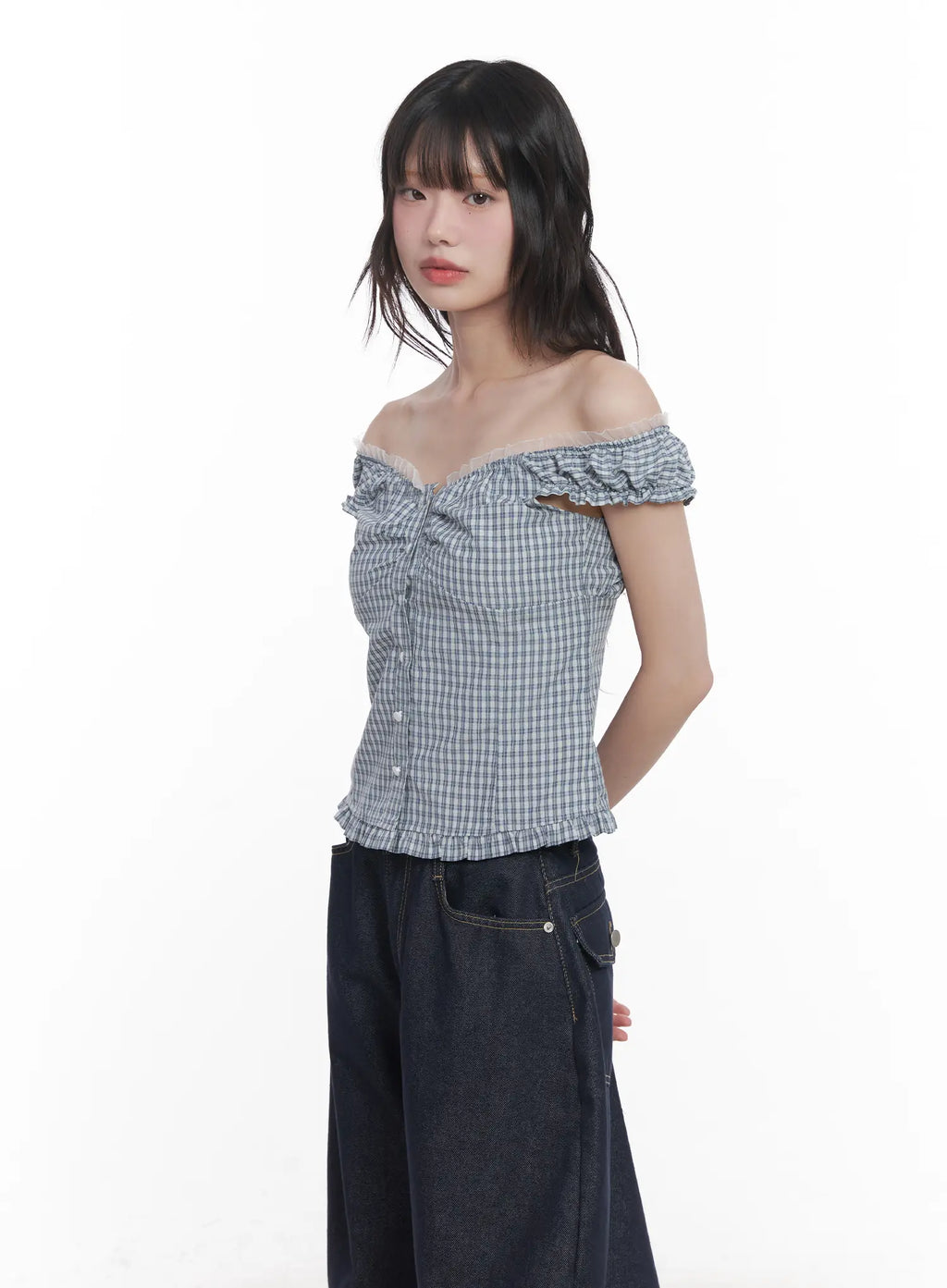 Plaid Frill Off-Shoulder Top CU519