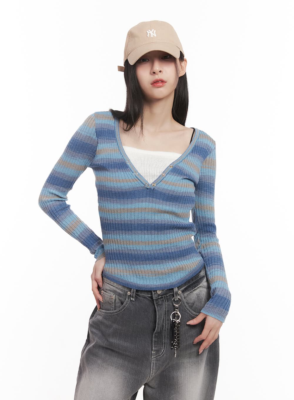 Stripe Buttoned Layered Top CM518