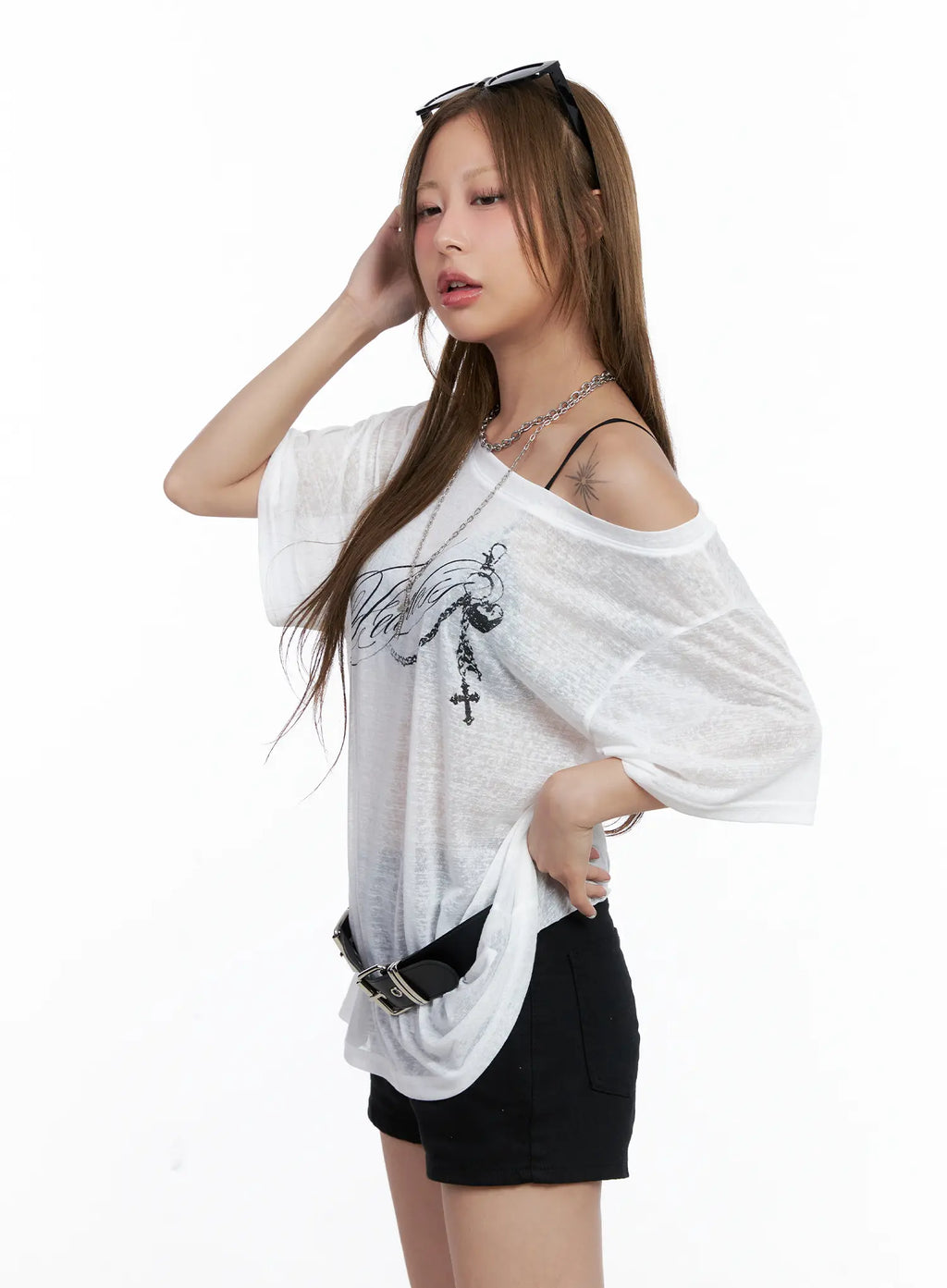Sheer Graphic Off-Shoulder Tee CL510